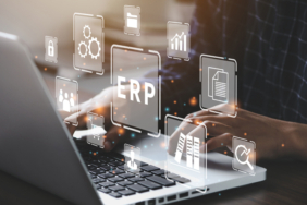 Businessman using a computer to document management for ERP. Enterprise resource planning concept.