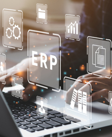 Businessman using a computer to document management for ERP. Enterprise resource planning concept.